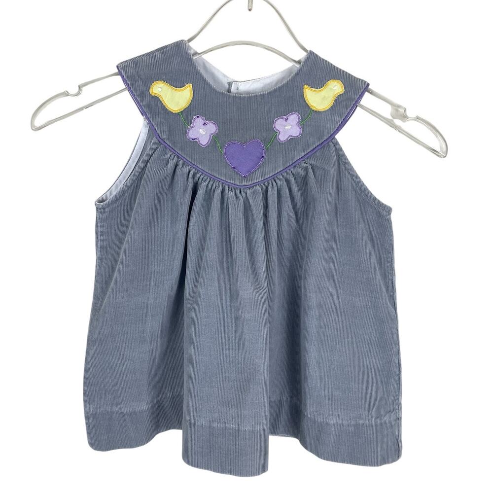 Vintage Samara Corduroy Dress Chicks Flowers Hearts Gray Girls Size 24 Months
